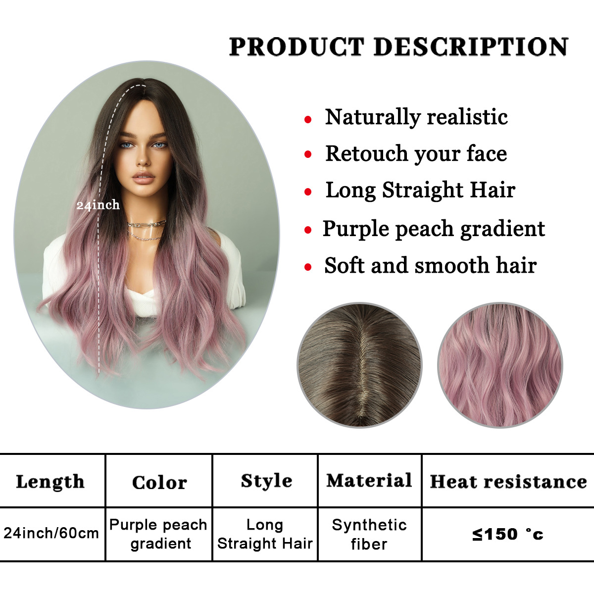 Women Pink Wigs Gradated Purple Long Curly Mid-Section Big Waves Fashion Wig